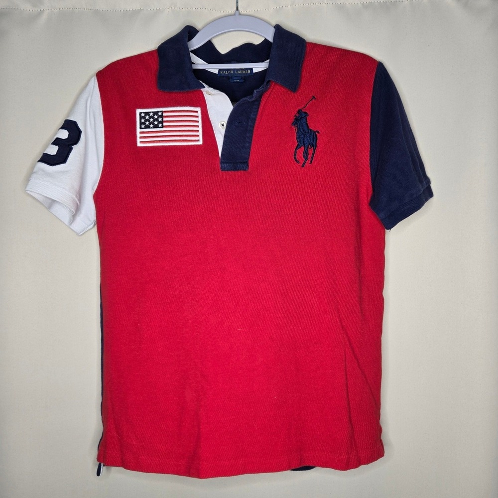 Ralph Lauren Polo Shirt Kids Boys M (10-12) American Flag Patch Colorblock